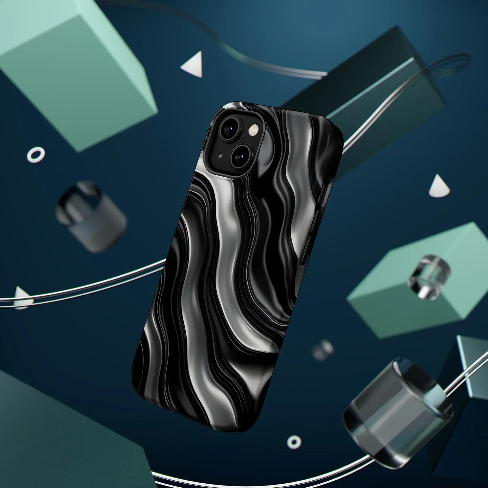 Wavy Illusion Black & Silver MagSafe® Tough Phone Case - KarArmDesign