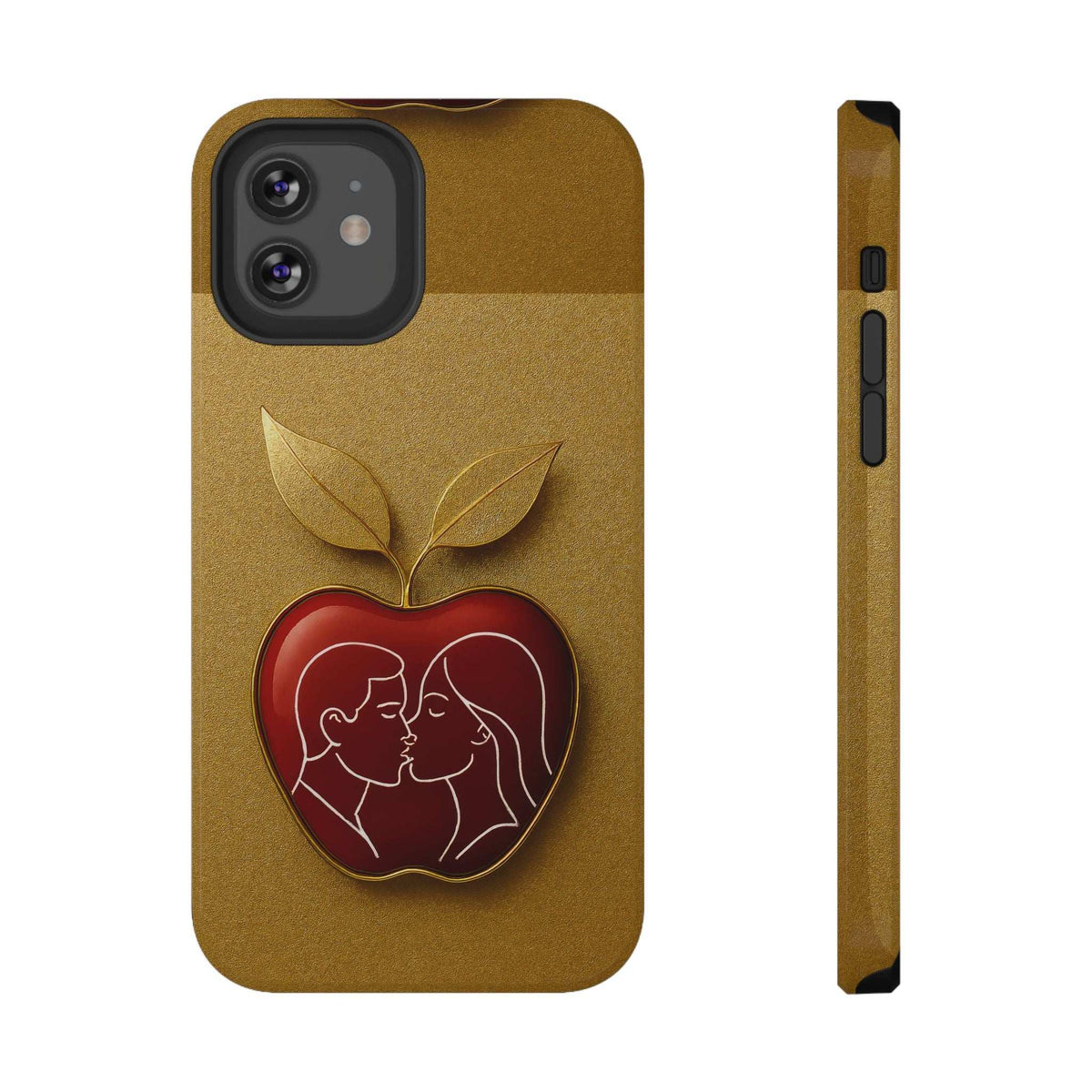 Gold iPhone case with leaf and red apple-heart couple design; side with port openings