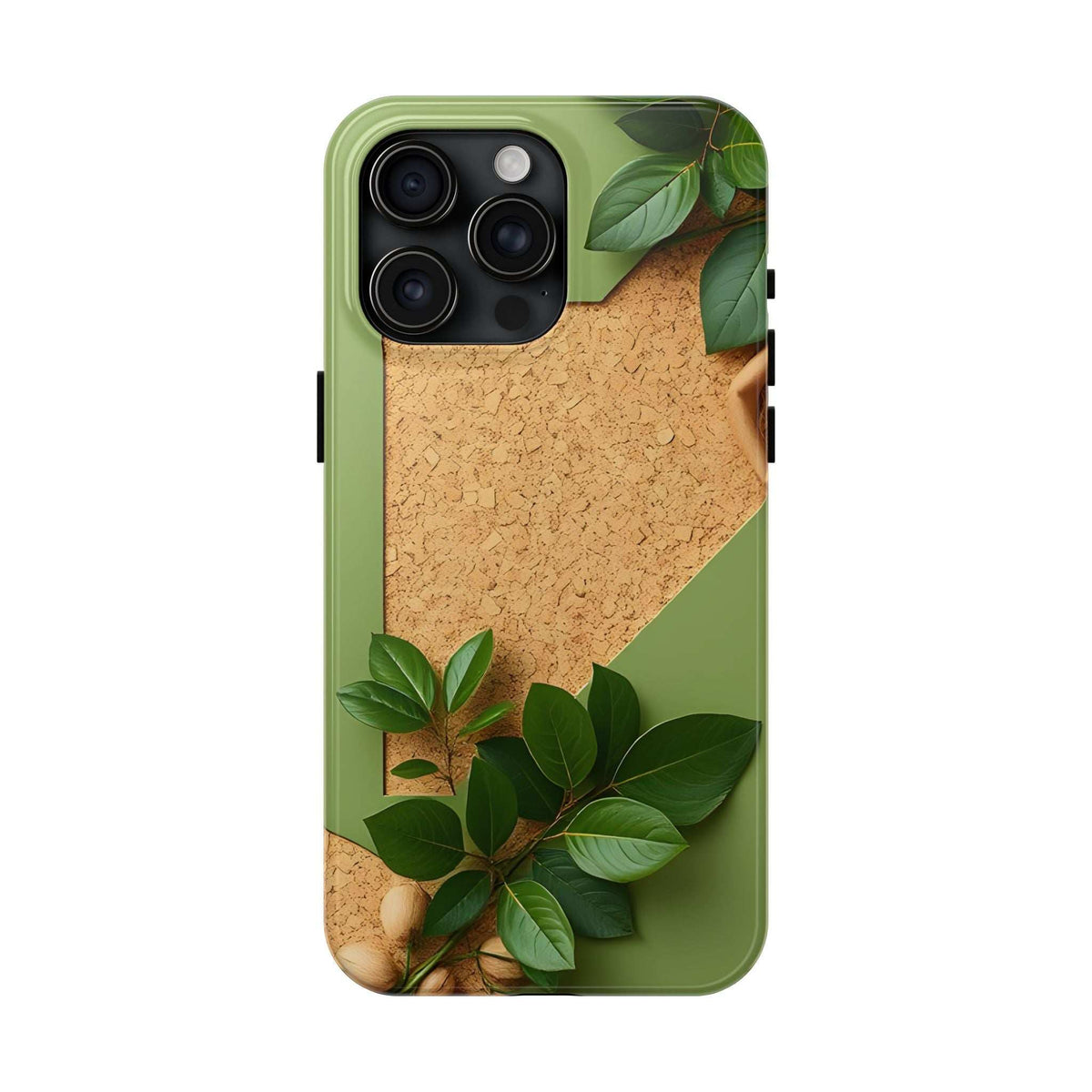 Olive green phone case with cork-look center and leaf pattern; camera cutouts and side buttons