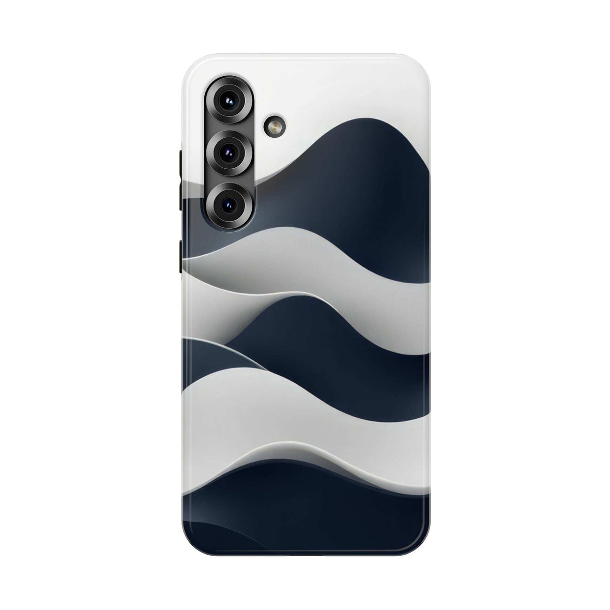 Glossy phone case with blue-and-white ocean wave pattern, camera cutouts