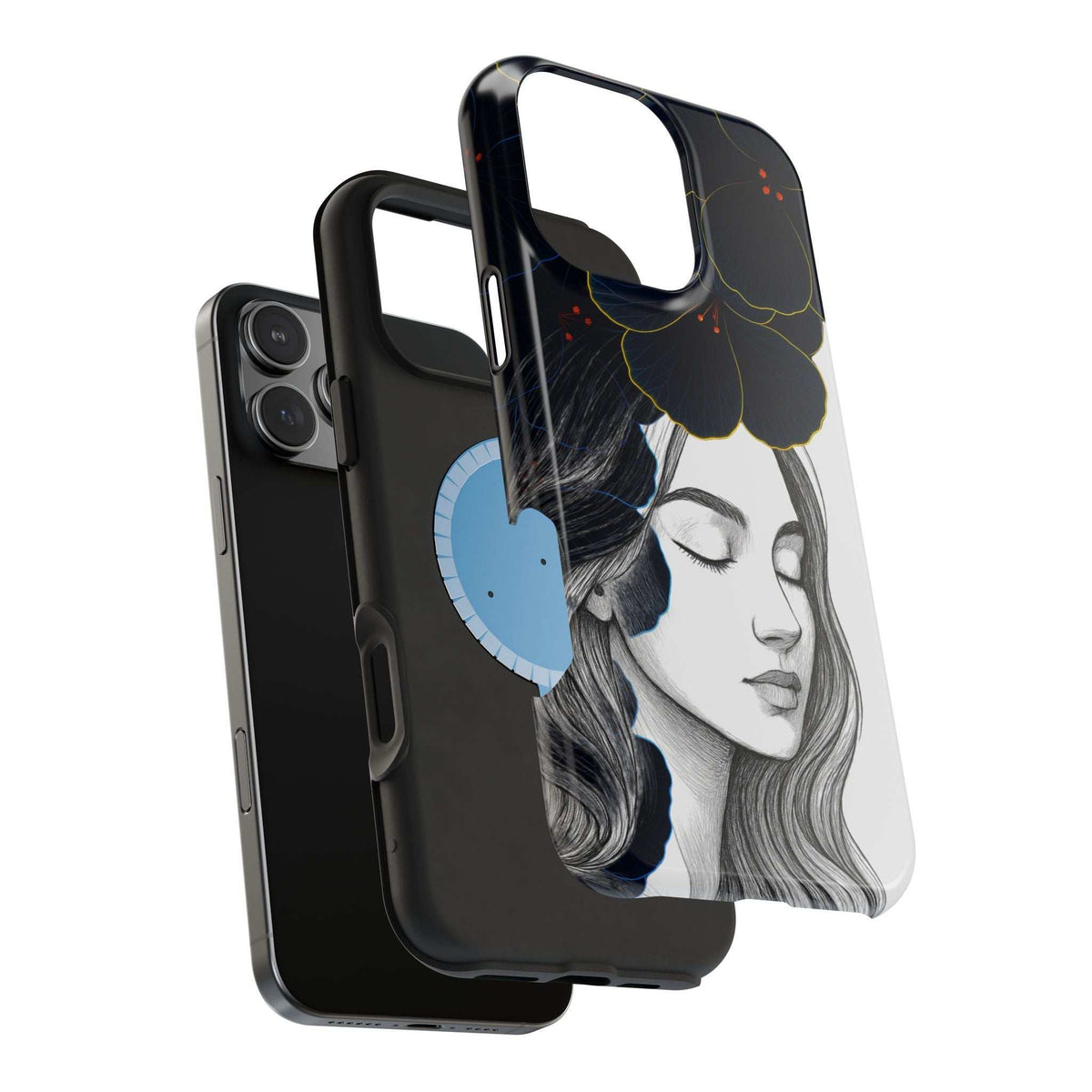Dark floral phone case angled view showing front edge; woman portrait with navy flowers