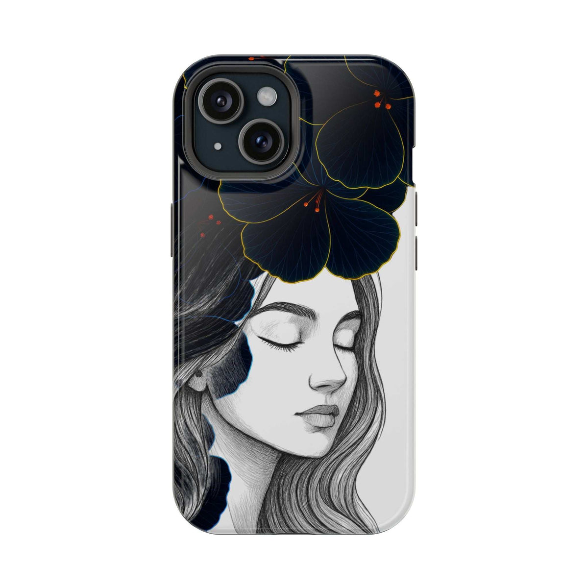 Dark floral phone case front view with grayscale woman portrait and blue flower detail
