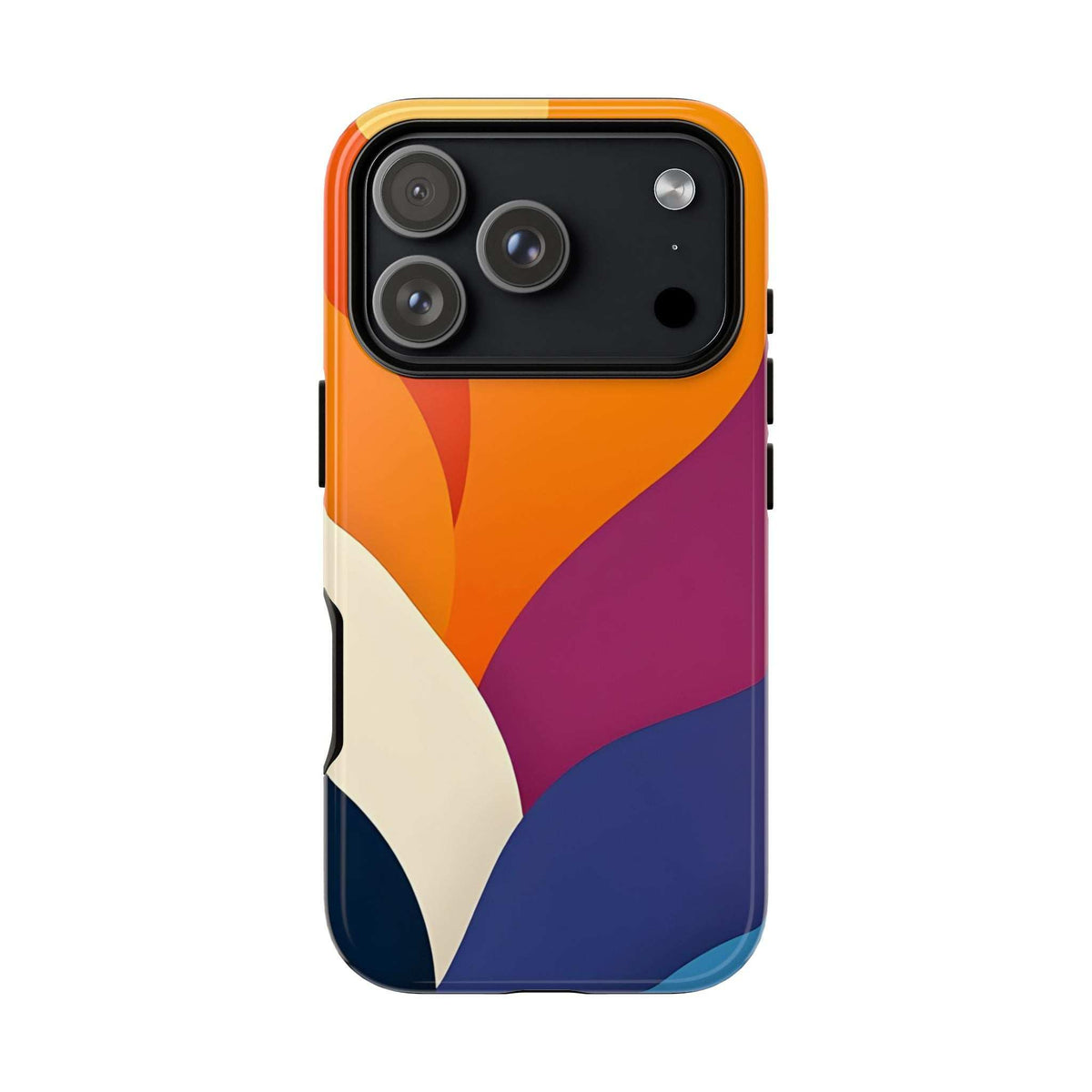 Abstract phone case with orange and navy swirls, magenta panel, and dual camera cutouts.