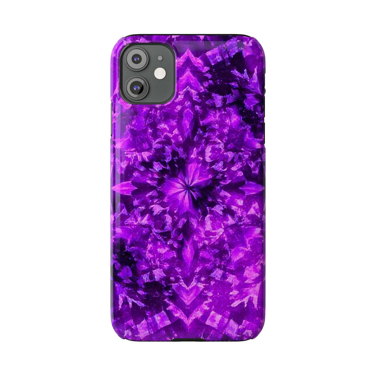 Purple kaleidoscope phone case with centered flower burst and glossy purple pattern