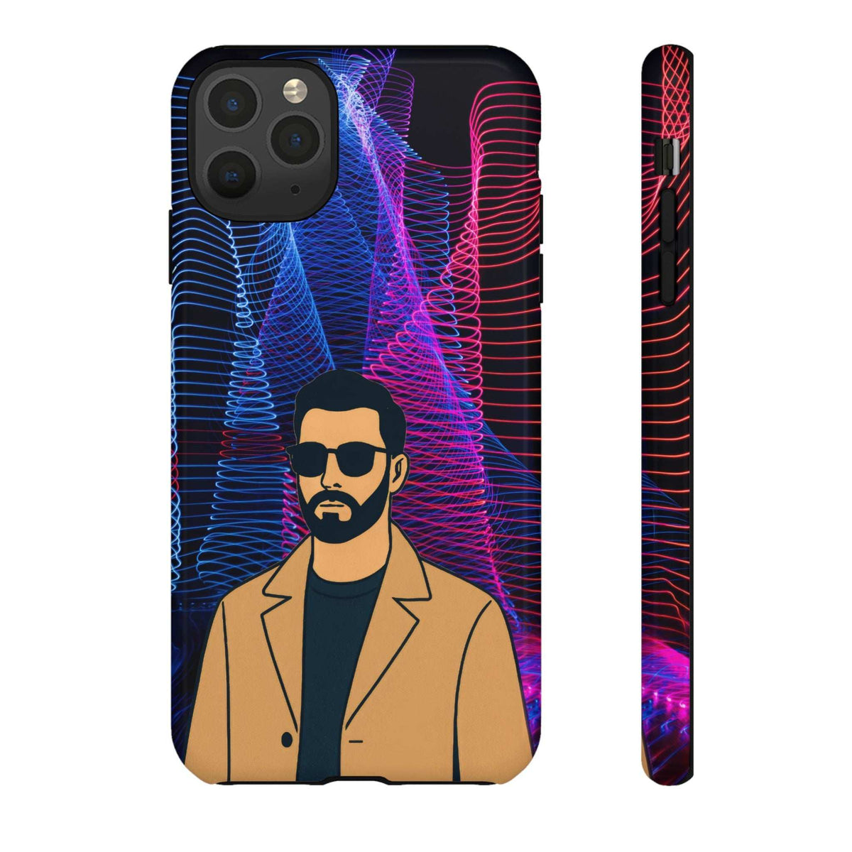 Glossy phone case with bearded man portrait in neon blue and pink lines