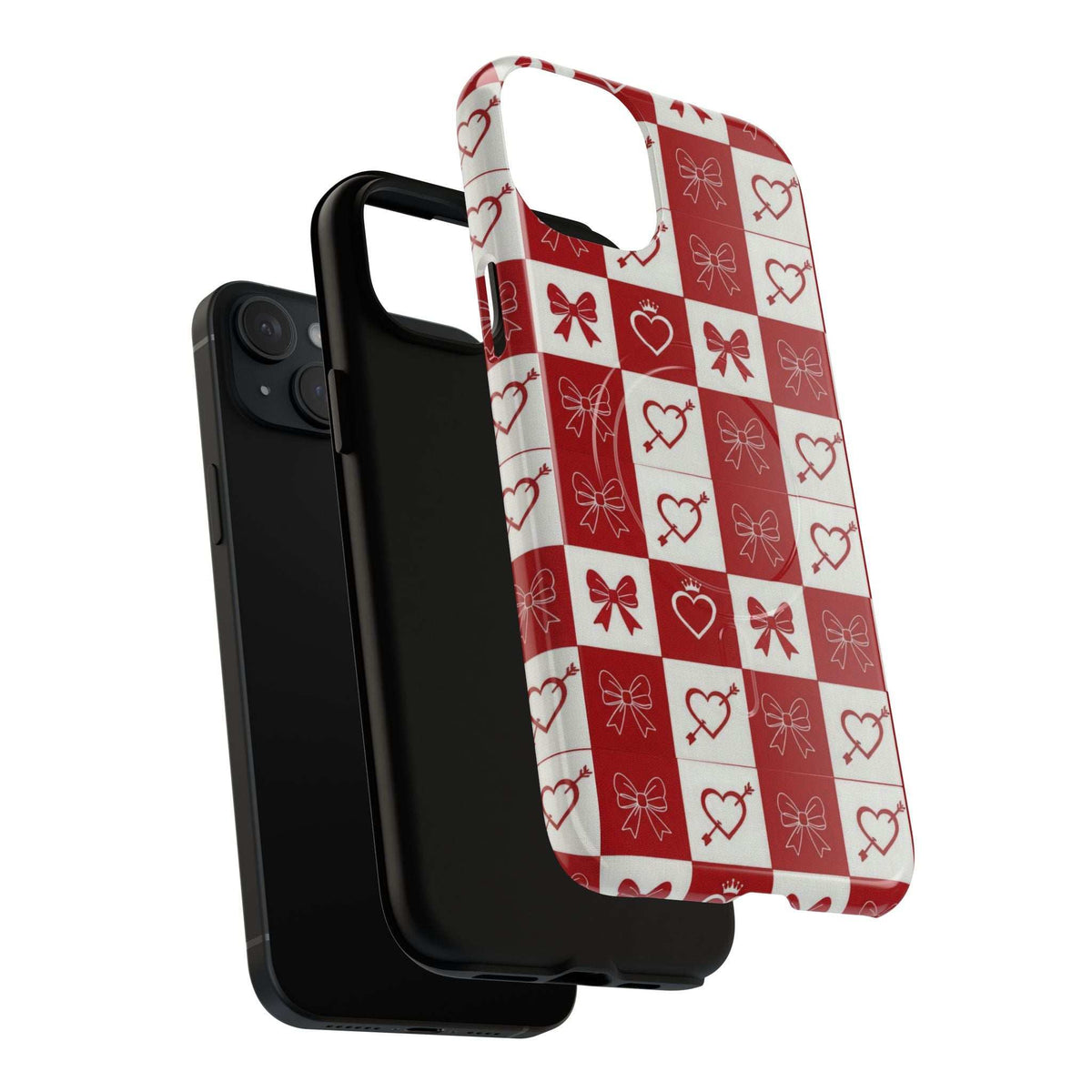 Red and white checkered phone case featuring hearts and bows, front camera opening visible