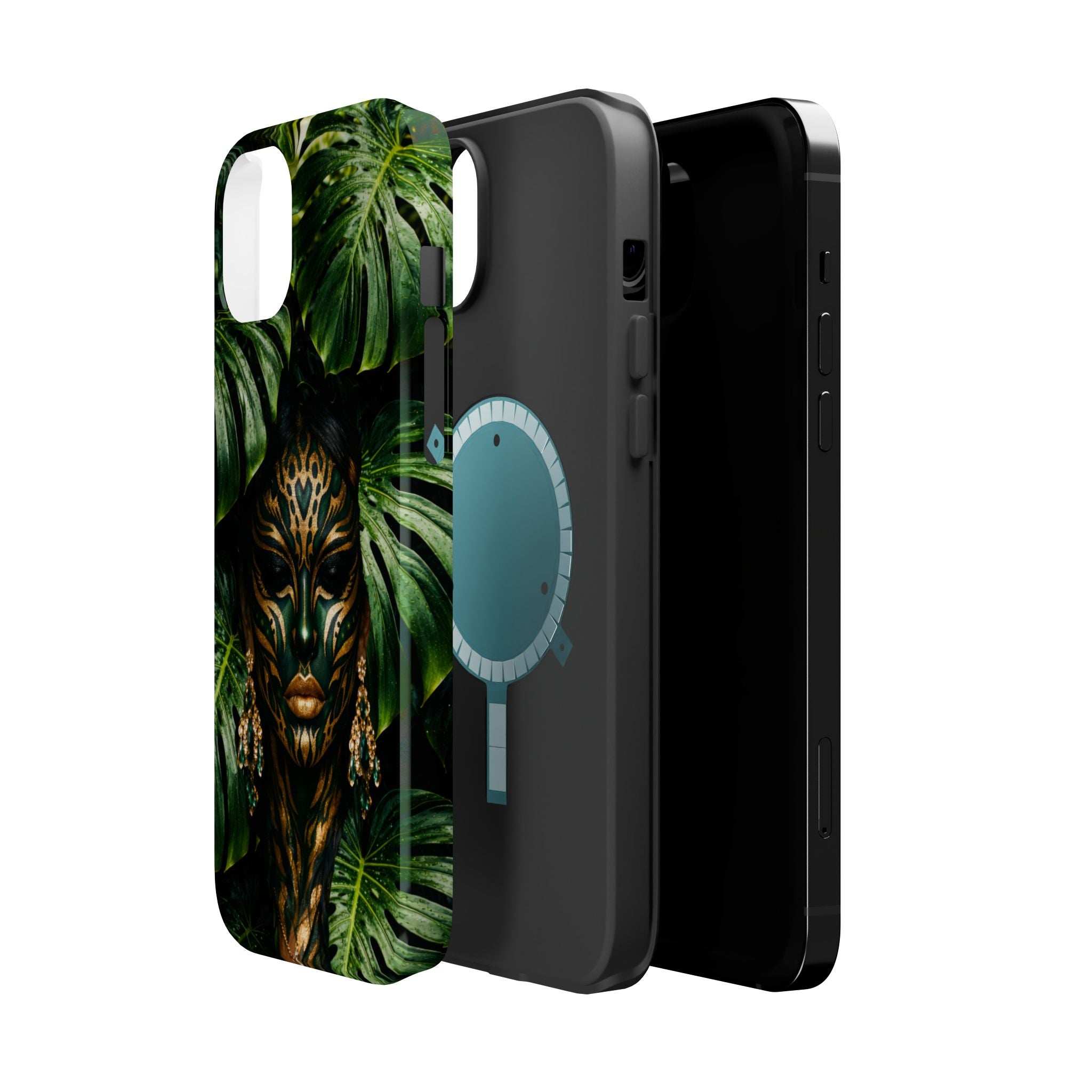 Jungle-themed phone case with green leaves, gold lion face, and light-blue hand design
