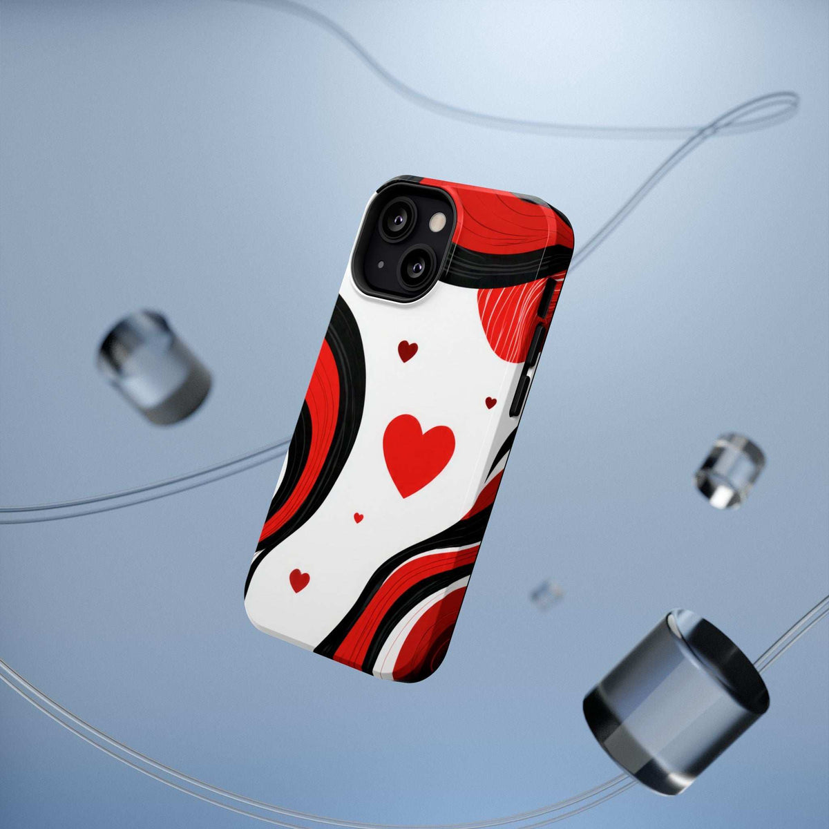 Red and white heart swirls phone case with black accents; dual camera cutouts visible