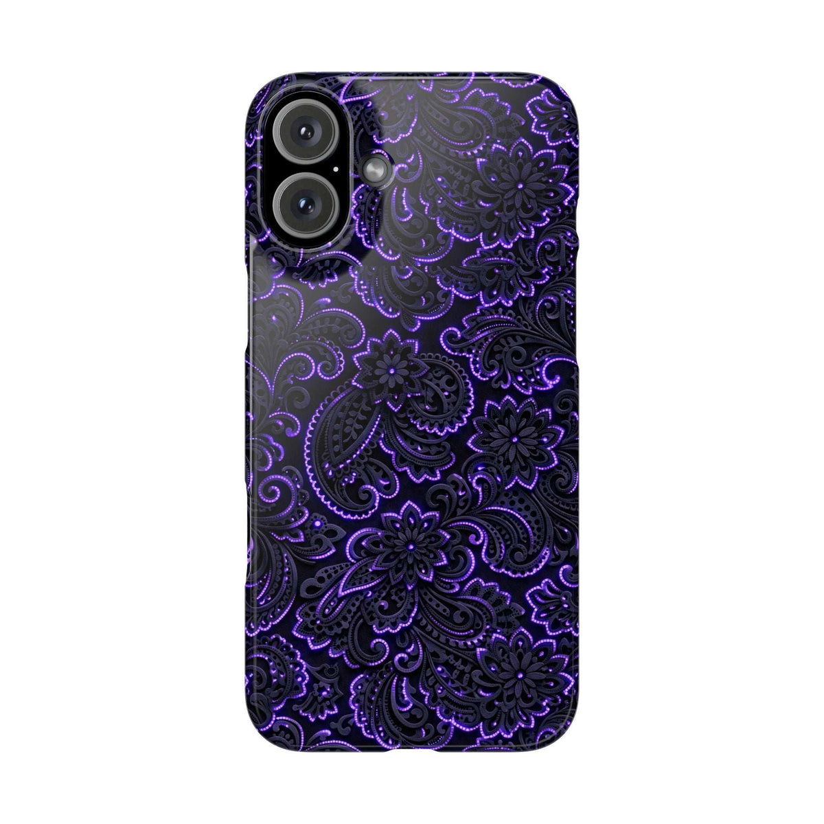 Purple paisley phone case with neon floral swirl pattern, visible camera openings.