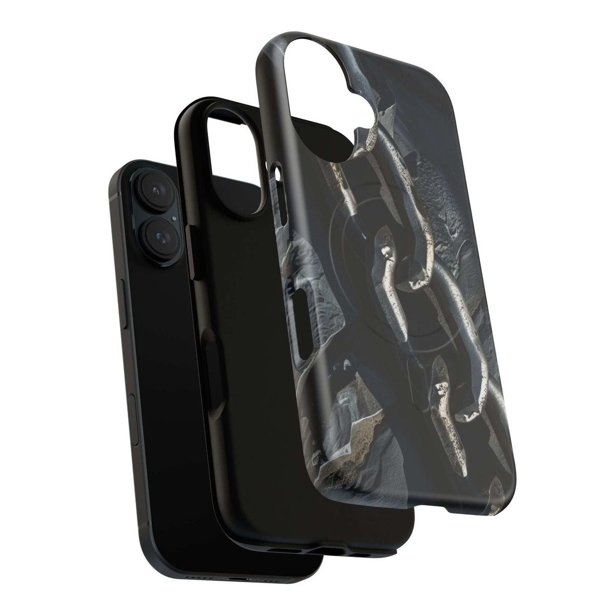 Black magnetic phone case featuring iron chain graphic and side protection