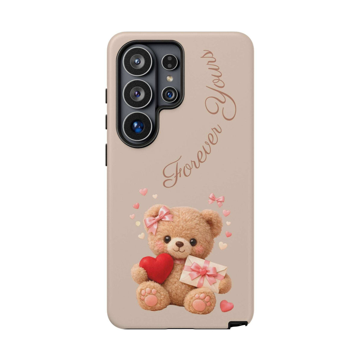 Beige phone case front view with teddy bear holding a red heart and triple lens cutout