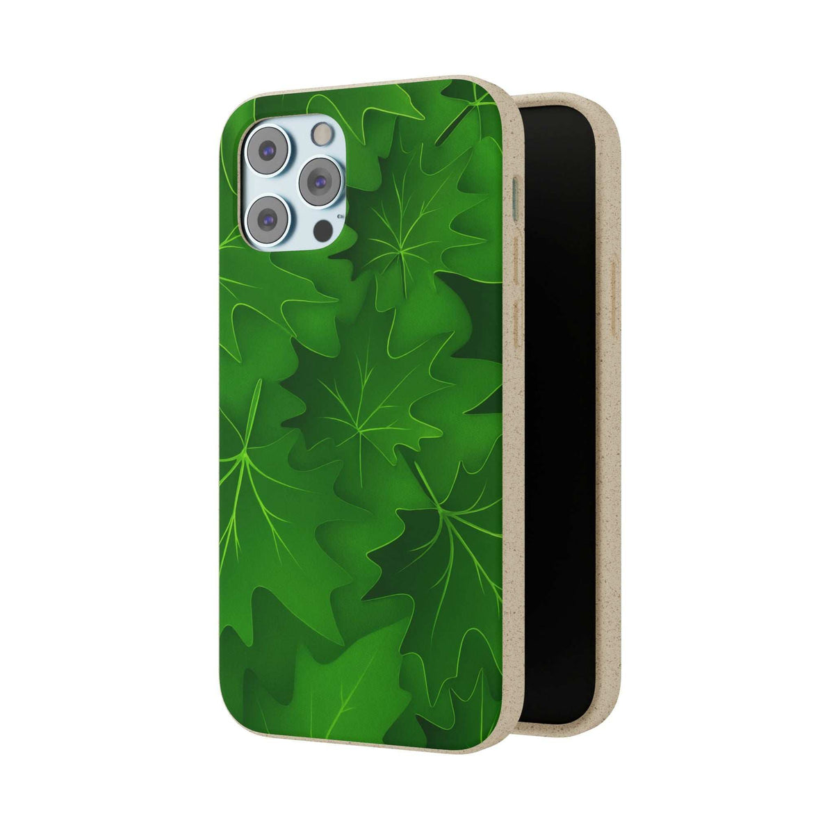 Green botanical leaf phone case with camera cutouts and protective edges