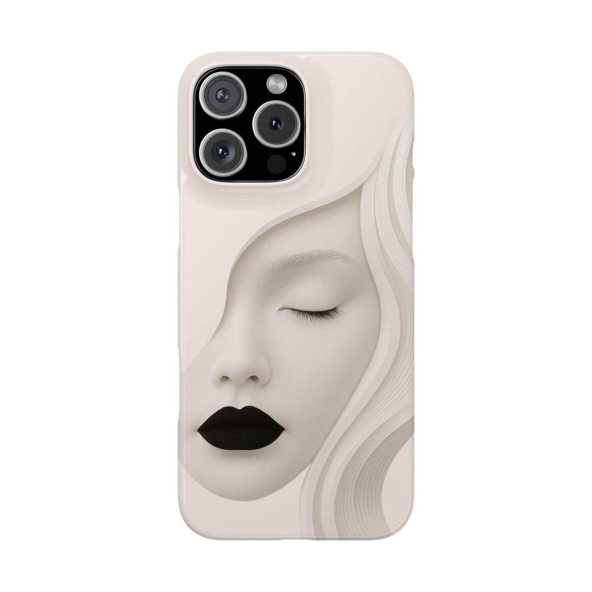 Minimalist face phone case for iPhone 11–17, beige with black lips, closed eyes, camera cutouts.