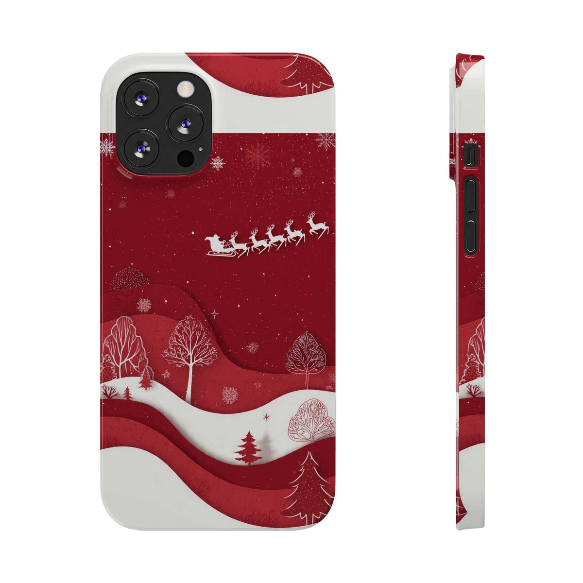 Red winter landscape phone case with snowy hills and tree shapes; camera cutouts visible.