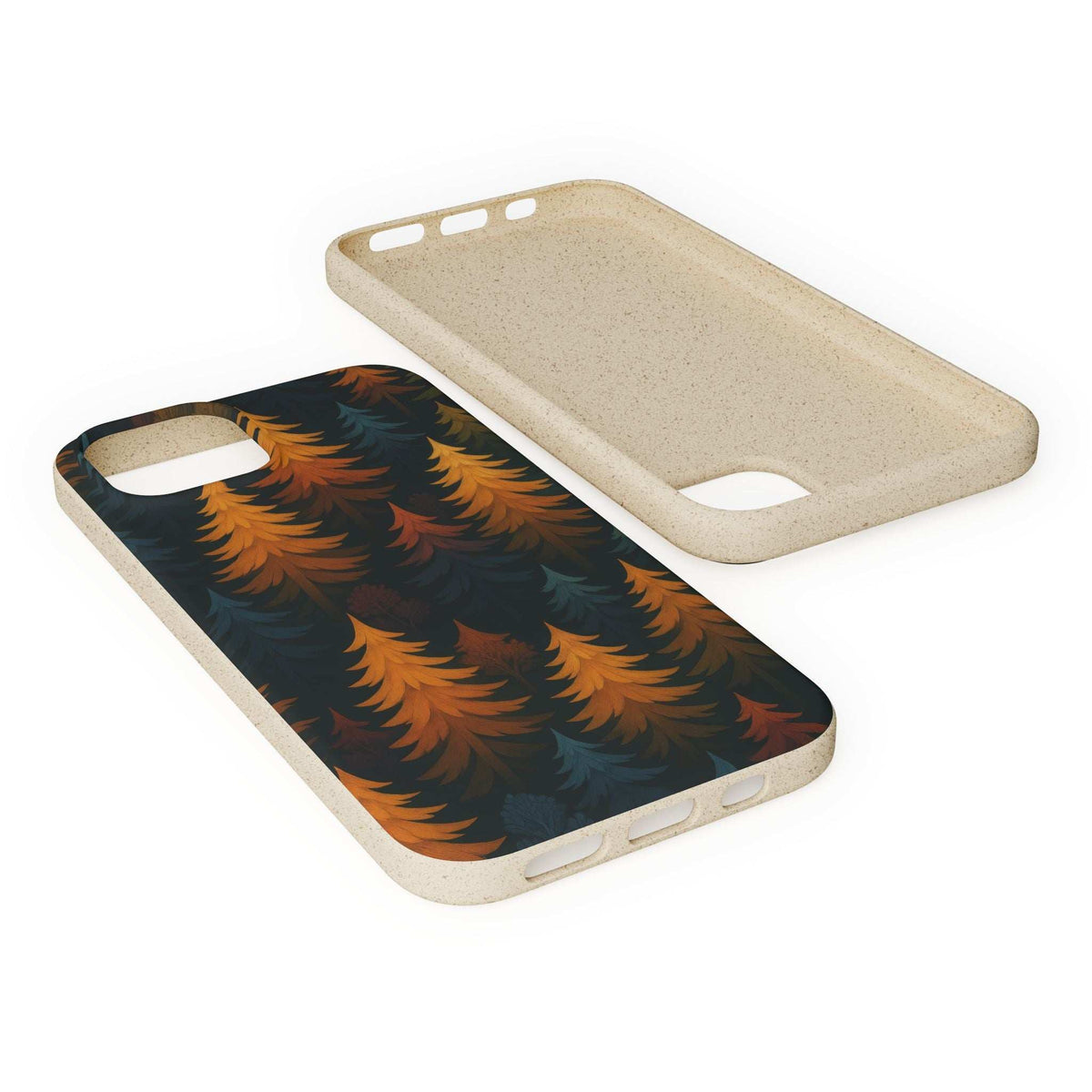 Biodegradable phone case with pine tree pattern on front; beige interior back