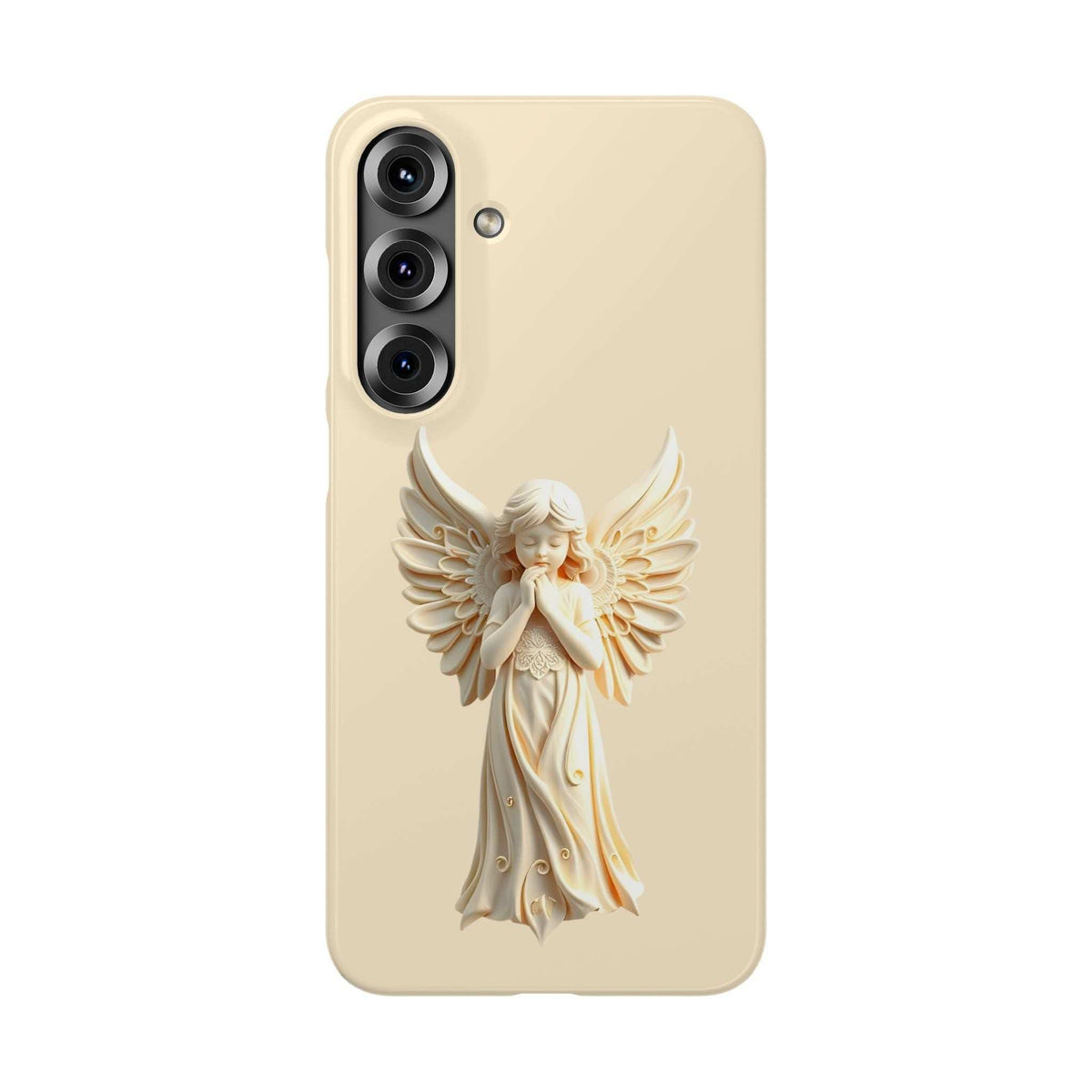 Cream phone case with raised angel in wings design, left camera cutout and flash dot