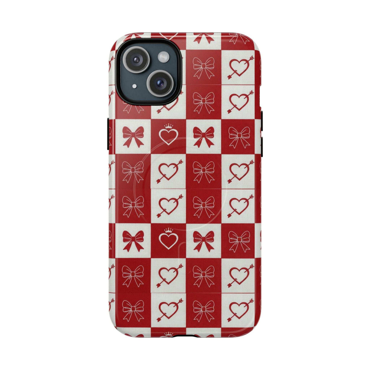 Red and white checkered phone case with hearts and bows, port openings along the sides