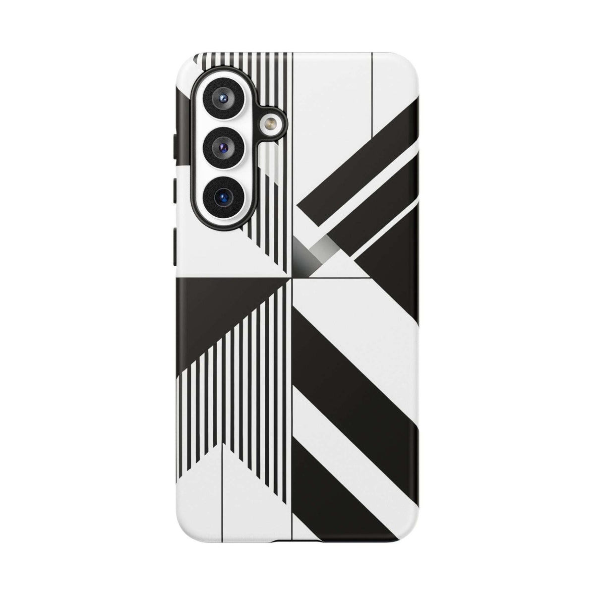 Monochrome tough phone case with bold geometric stripe and chevron pattern, camera cutouts