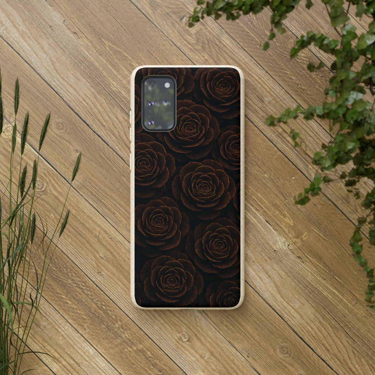 Wooden phone case with dark rose pattern and camera/flash cutout