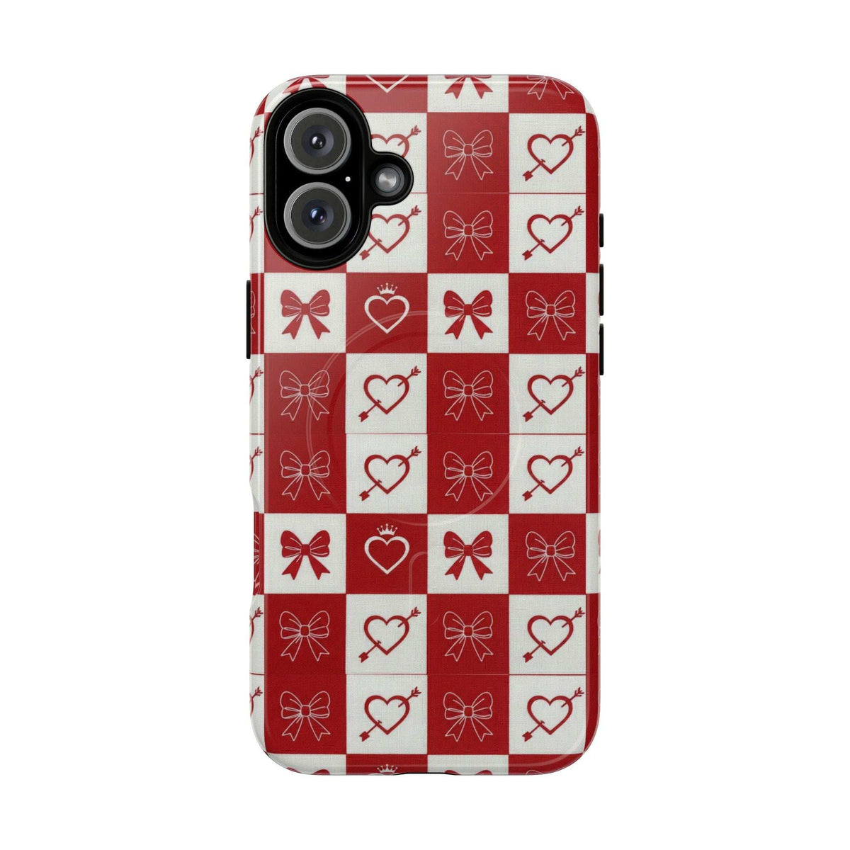 Red and white checkered phone case with hearts and bows, front camera cutouts