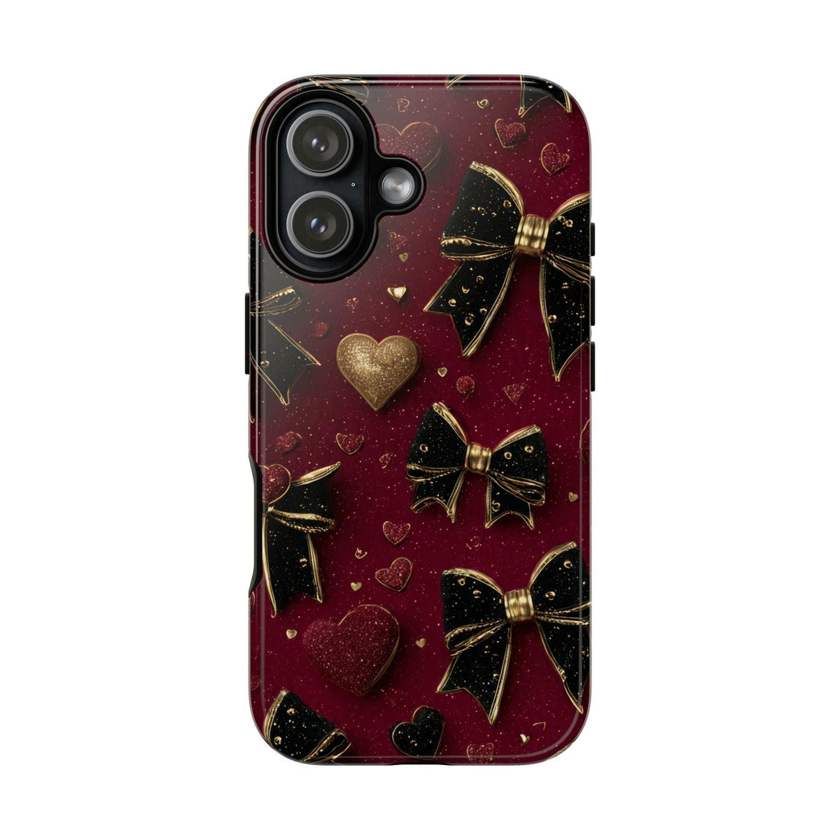 Valentine charm phone case back with burgundy glitter hearts and gold bows; camera cutouts