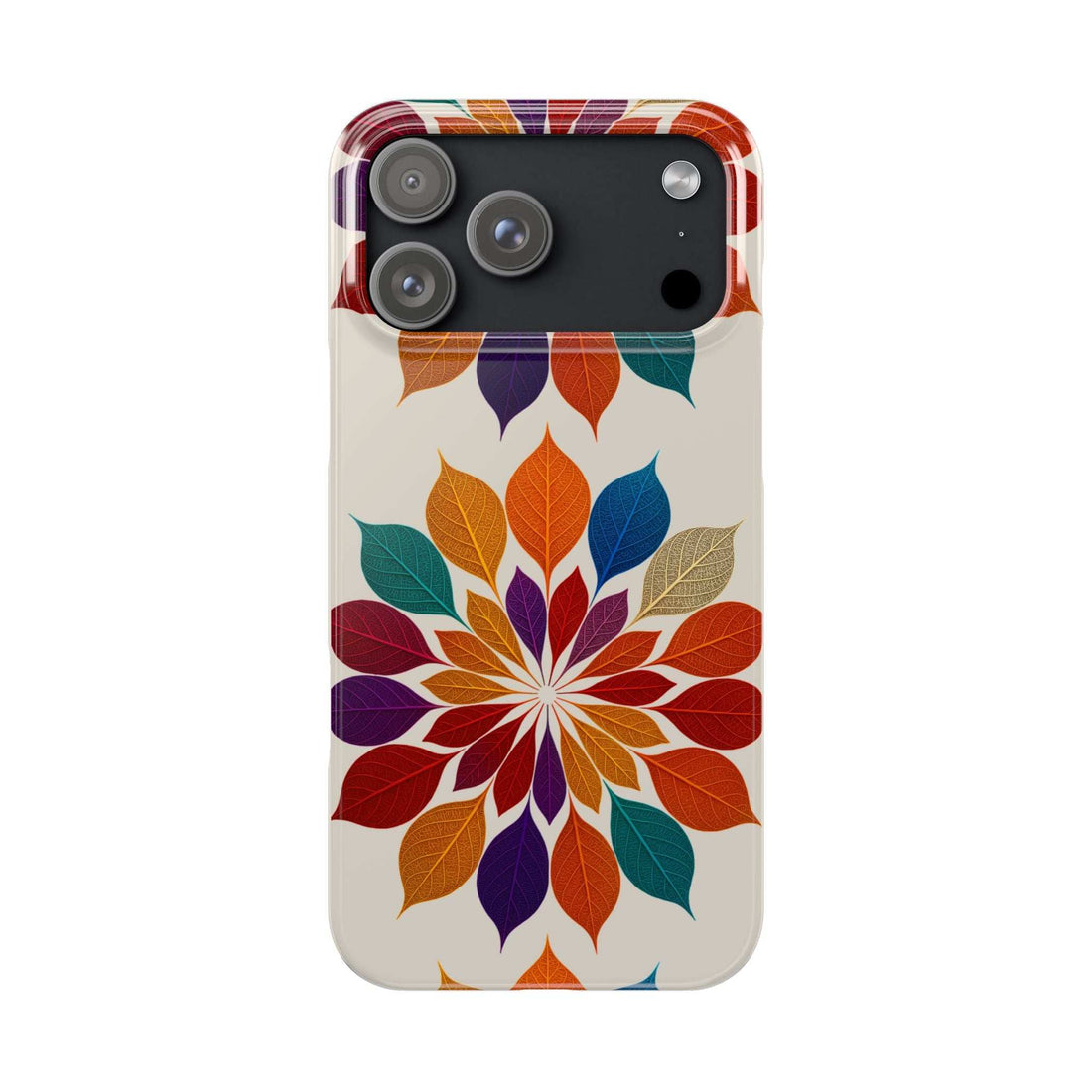 Leaf mandala phone case for iPhone 11-17, front with camera cutouts and colorful leaf artwork