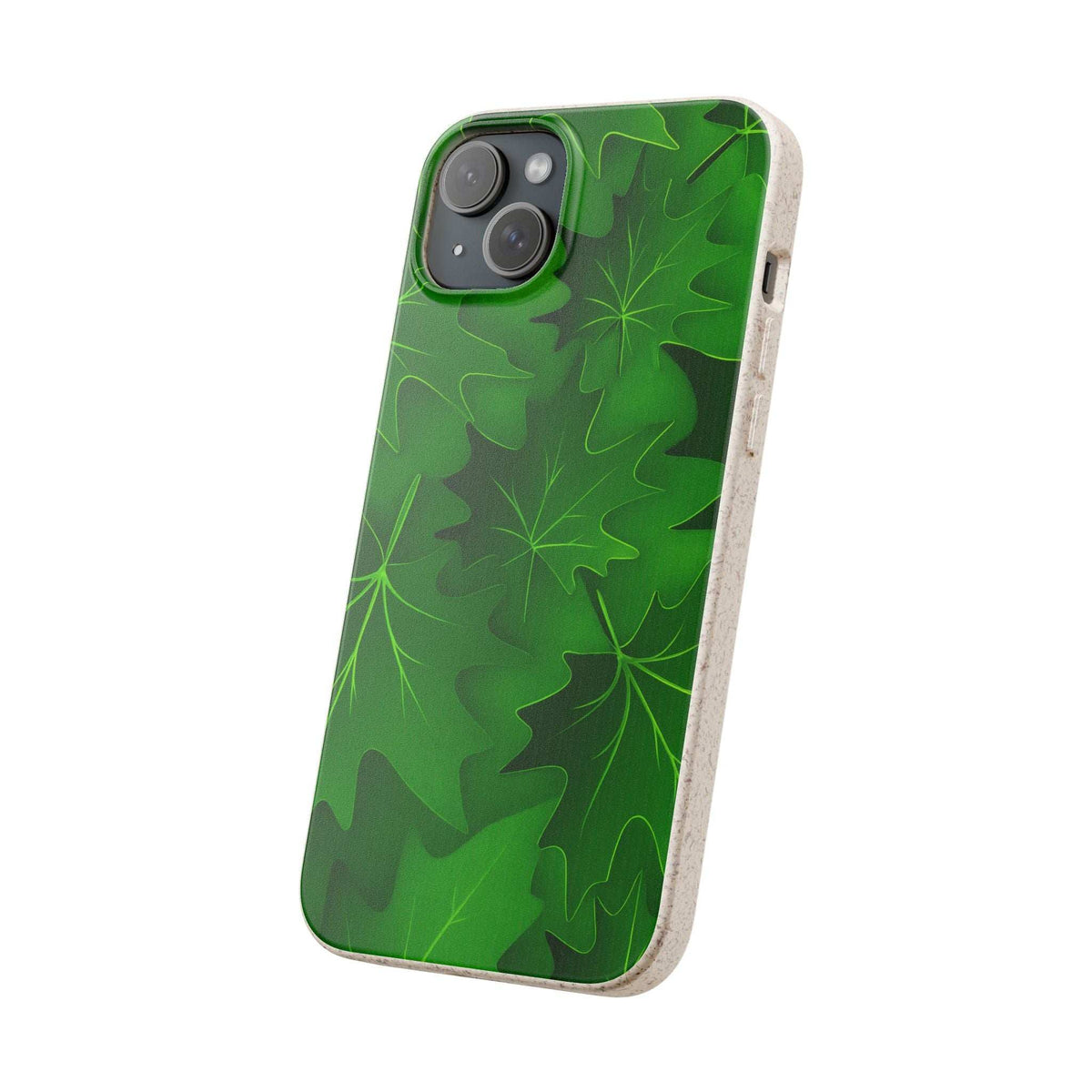Green botanical leaf phone case with dual-camera cutout and speckled beige sides