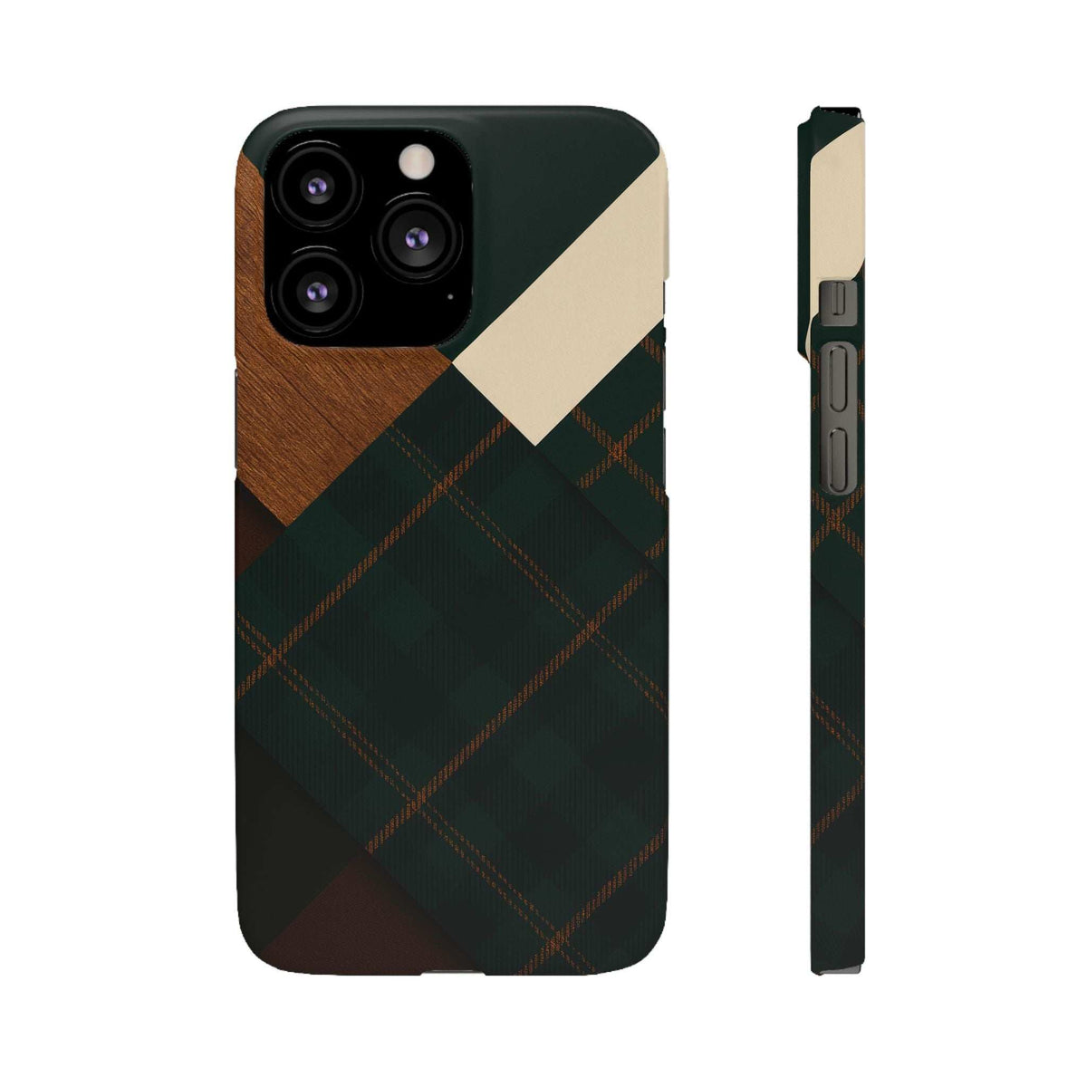 Dark green phone case with tan accent and plaid check pattern; side profile included.