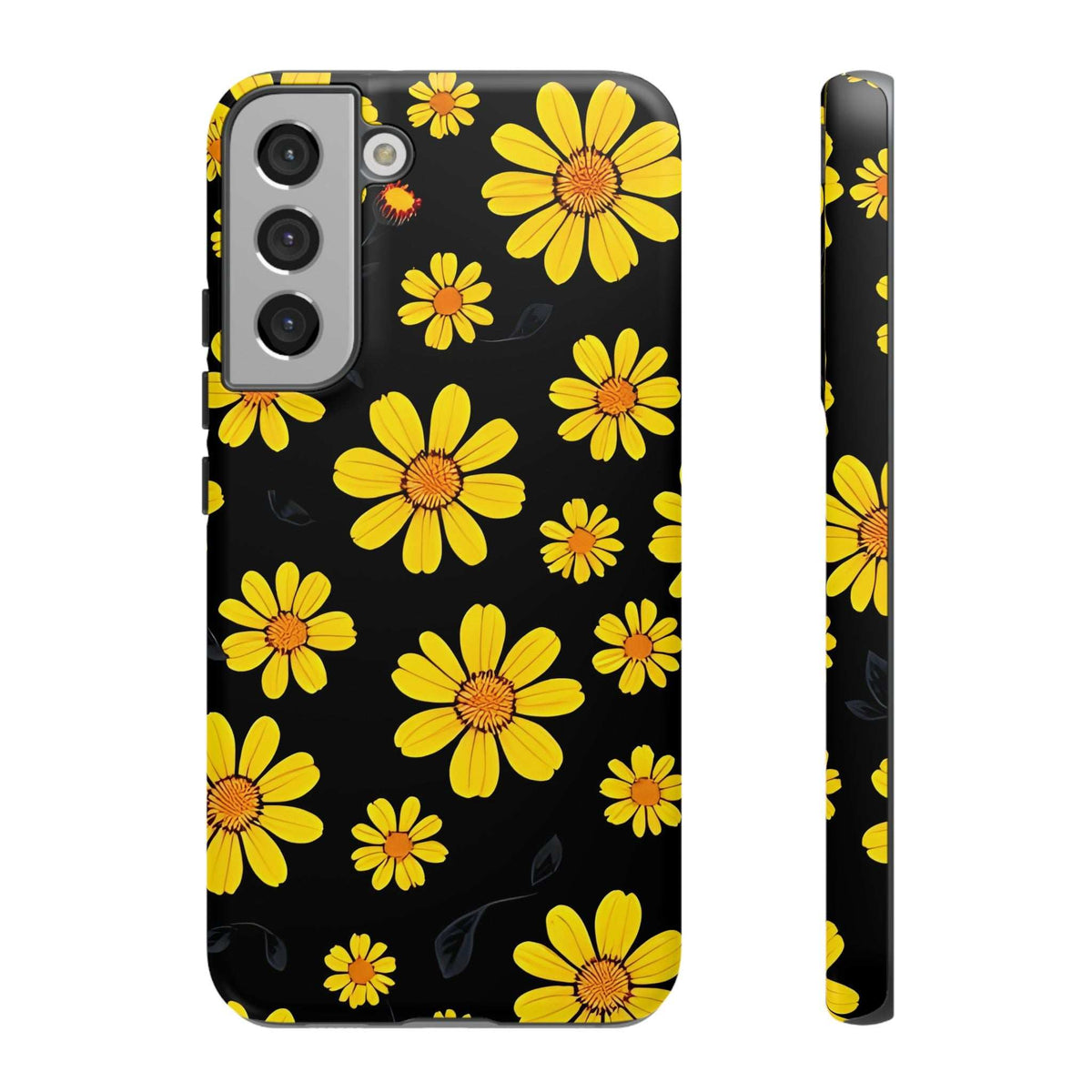 Black phone case featuring yellow daisy floral print; side buttons and camera openings