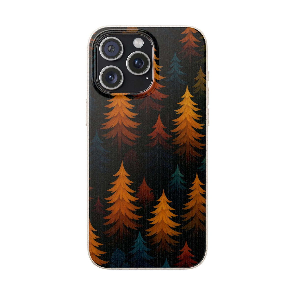 Biodegradable phone case with dark forest tree pattern and triple-lens camera cutout