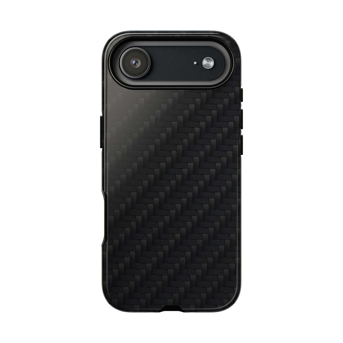 Black carbon-fiber phone case with single long camera window and side opening