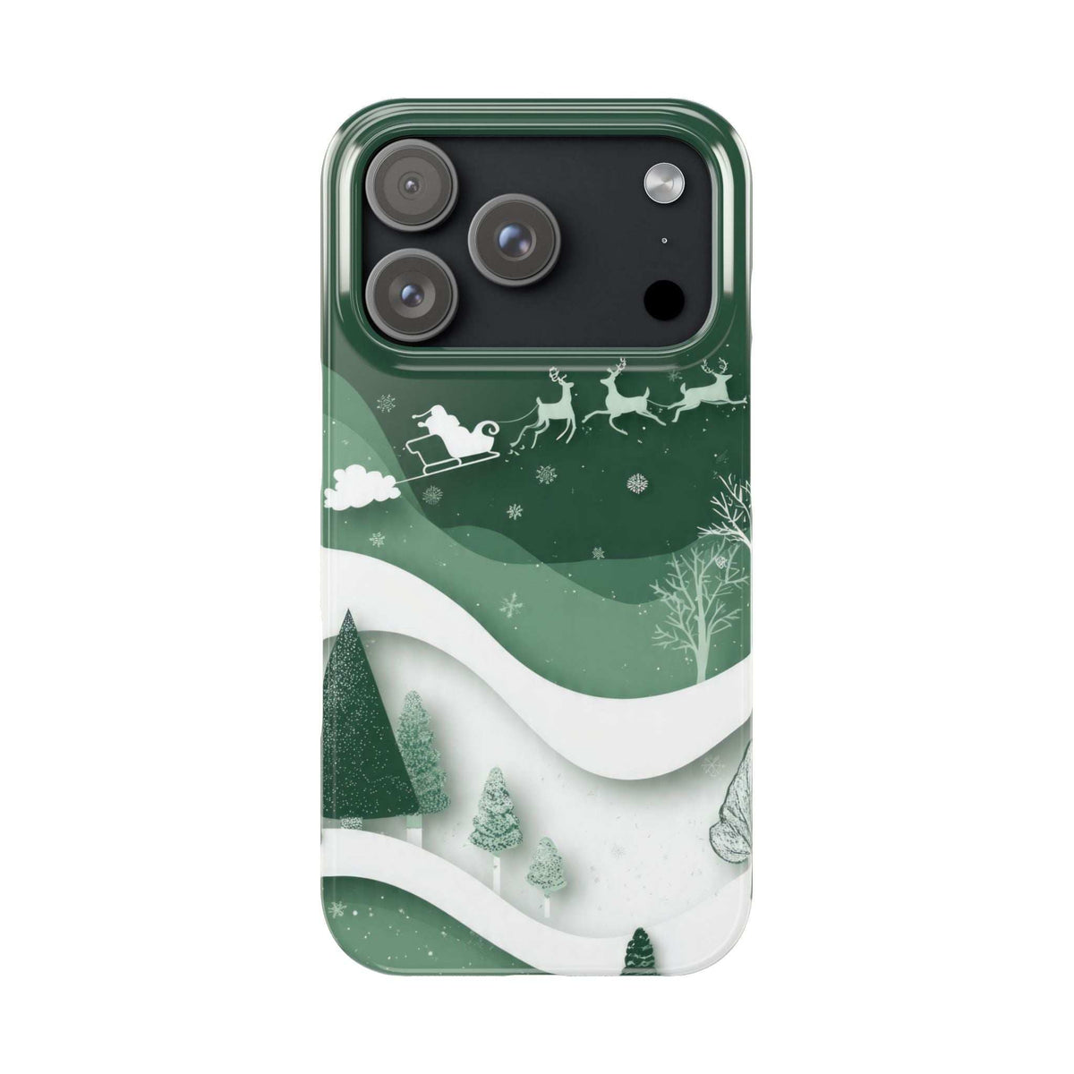 Green forest winter phone case with sleigh, reindeer, pine trees, and small snowflake details.