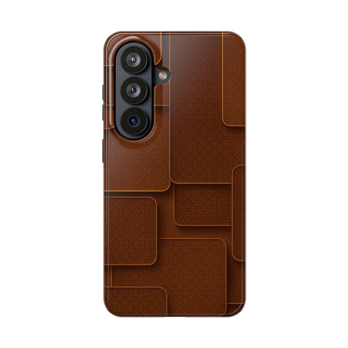 Brown textured phone case with camera module frame and raised back protection