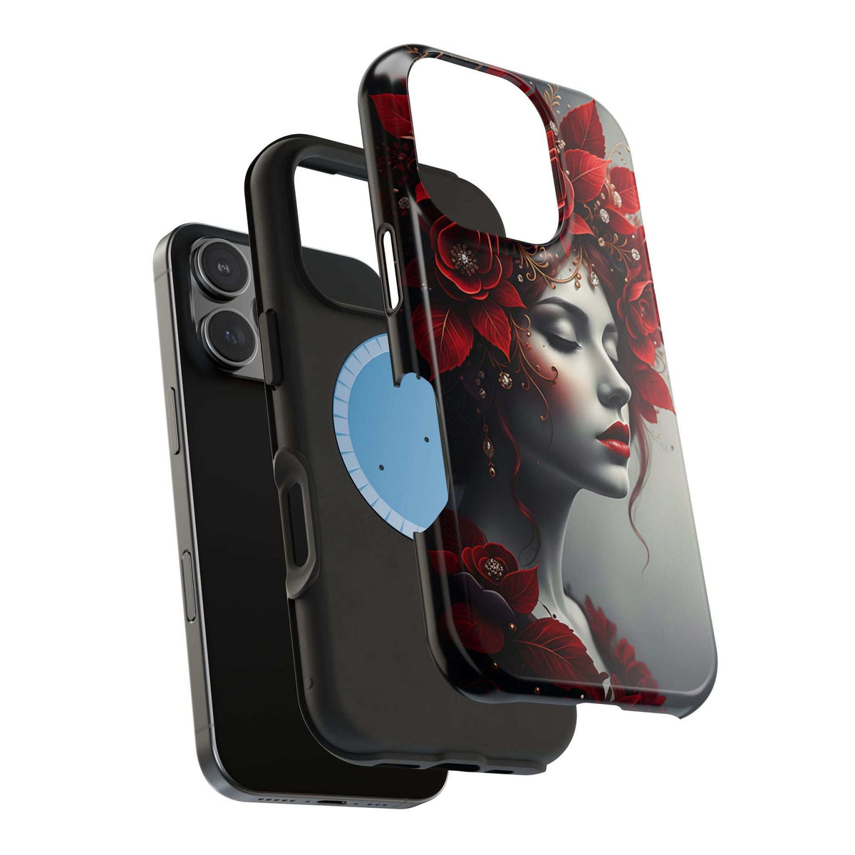 Portrait phone case with red roses and woman face, black corners and raised lens guard.