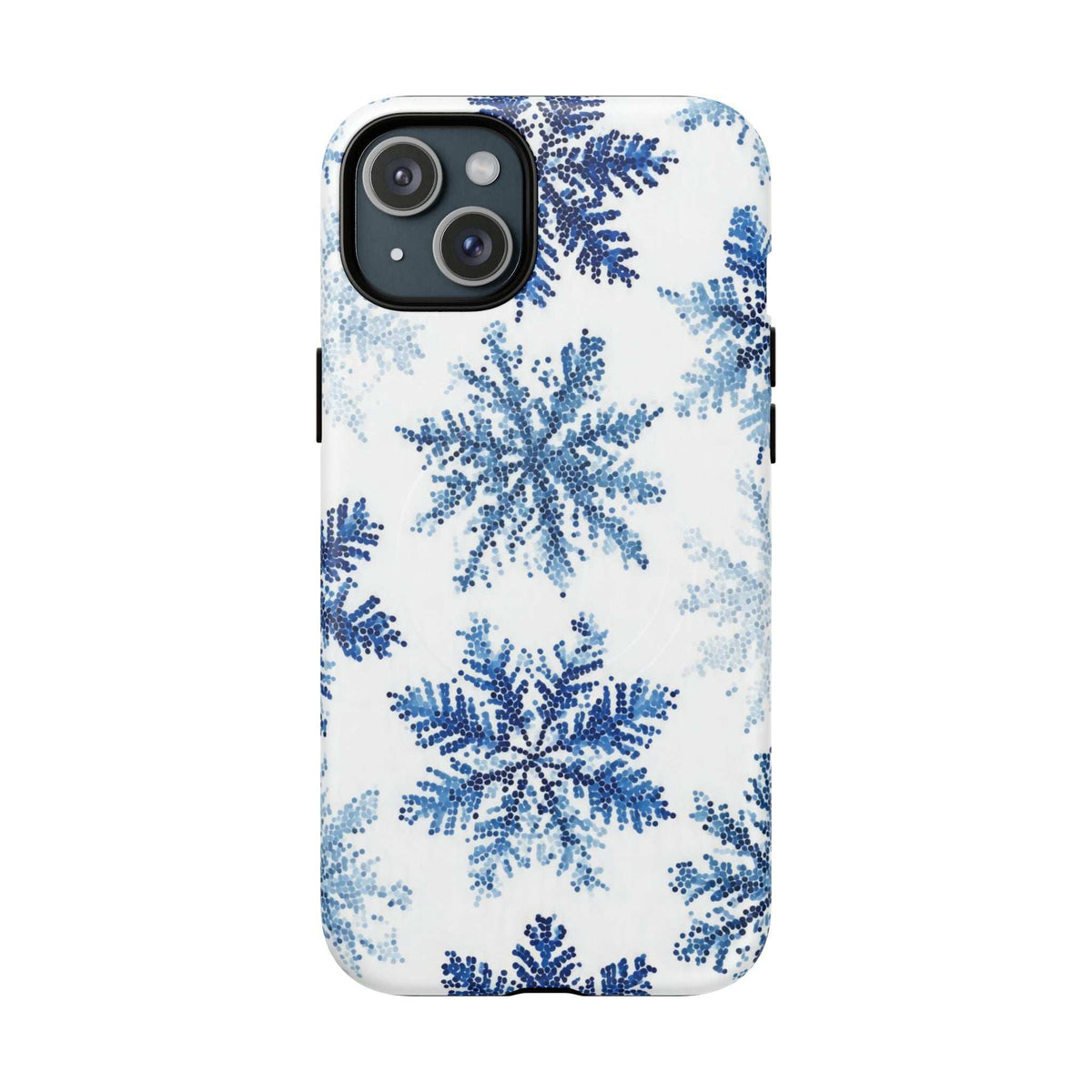 Snowflake phone case with blue snowflake pattern on white; camera cutouts on top