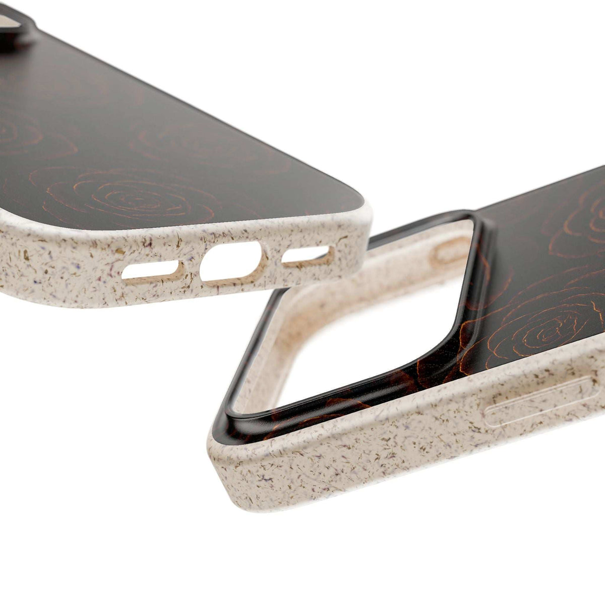 Rose phone case showing speckled bumper edges and camera opening cutouts