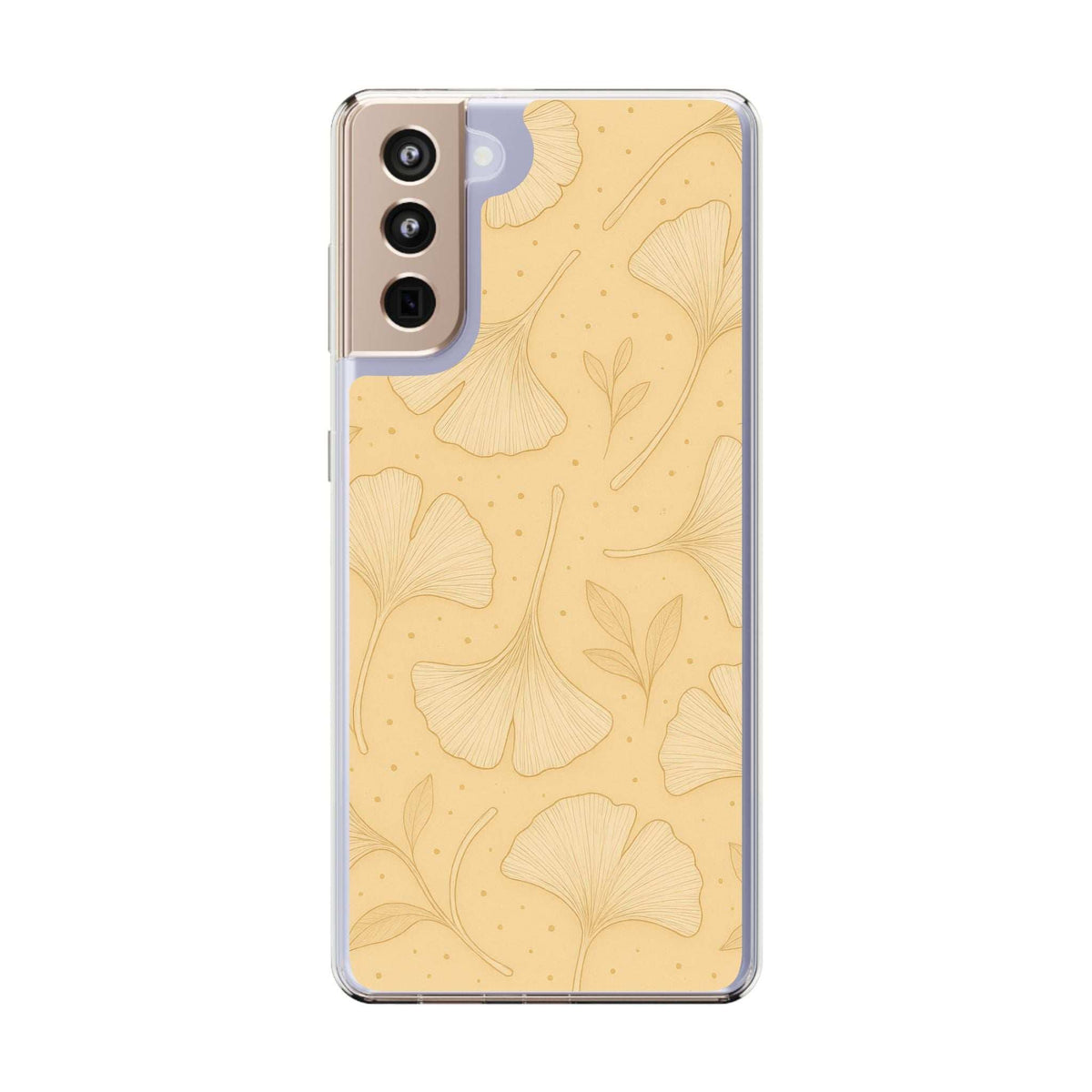 Tan ginkgo floral phone case front view with camera cutout and clear edges, slim profile