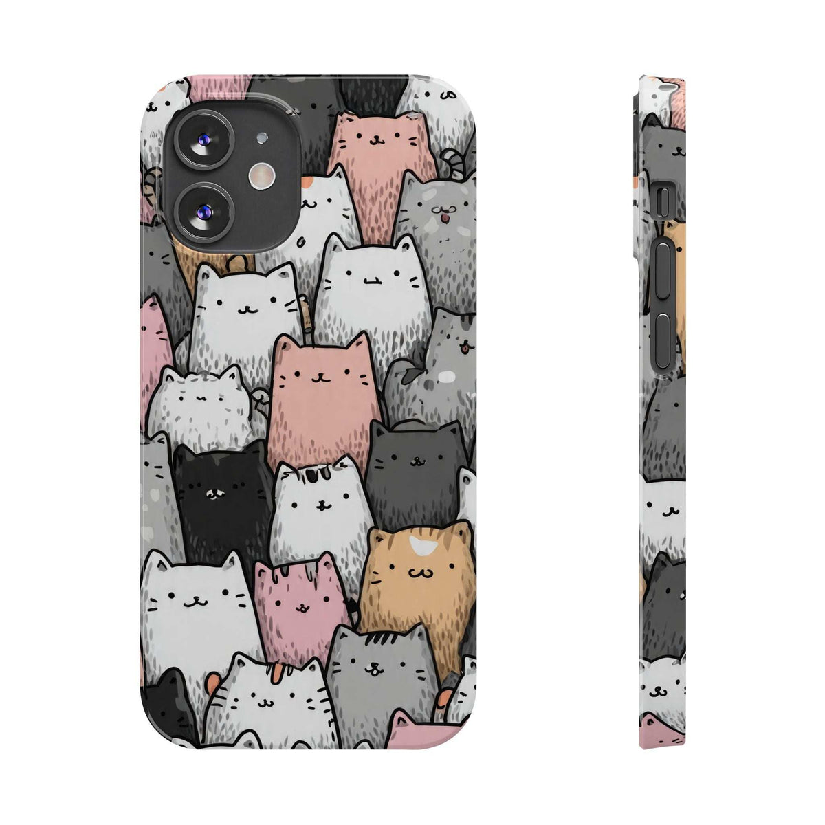 Cat-themed phone case for iPhone with cute white, gray, pink, and orange cat pattern.