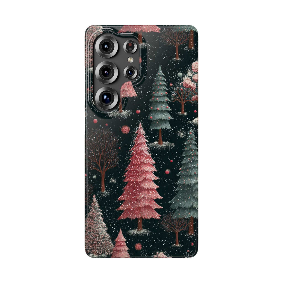 Winter forest phone case with glittery trees and snowflakes; raised camera cutouts on back.