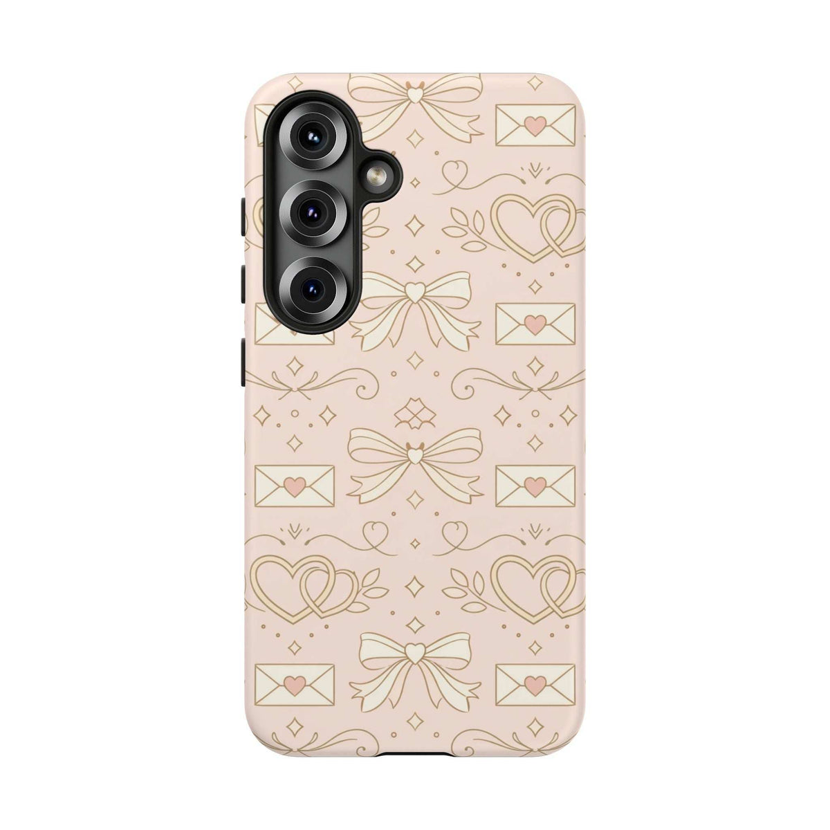 Light pink tough phone case with hearts, bows, and ribbon line art; camera cutout