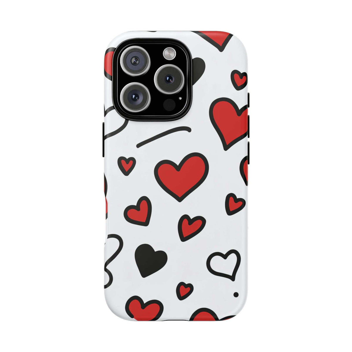 Heart-pattern phone case on white with red and black hearts; quad-camera cutout