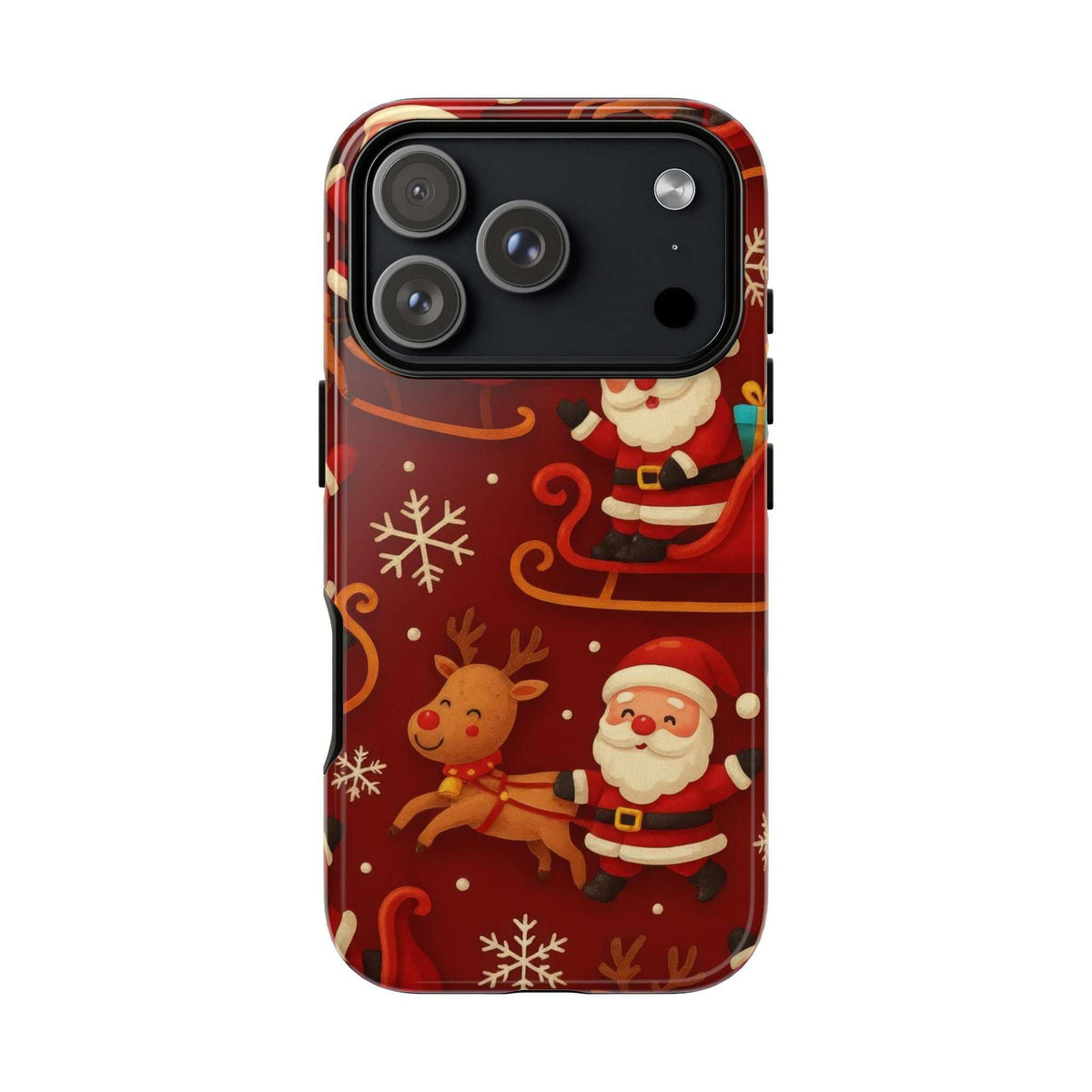 Glossy Santa and reindeer sleigh pattern phone case, camera lenses with side cutouts