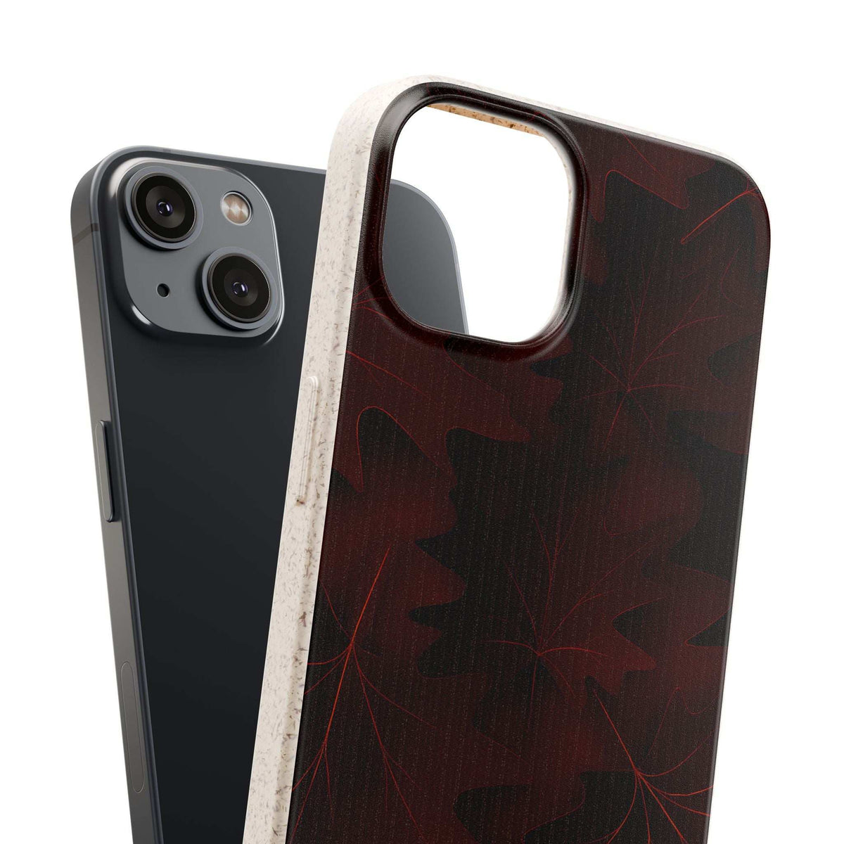 Burgundy phone case featuring dark maple leaves and camera cutout with rim