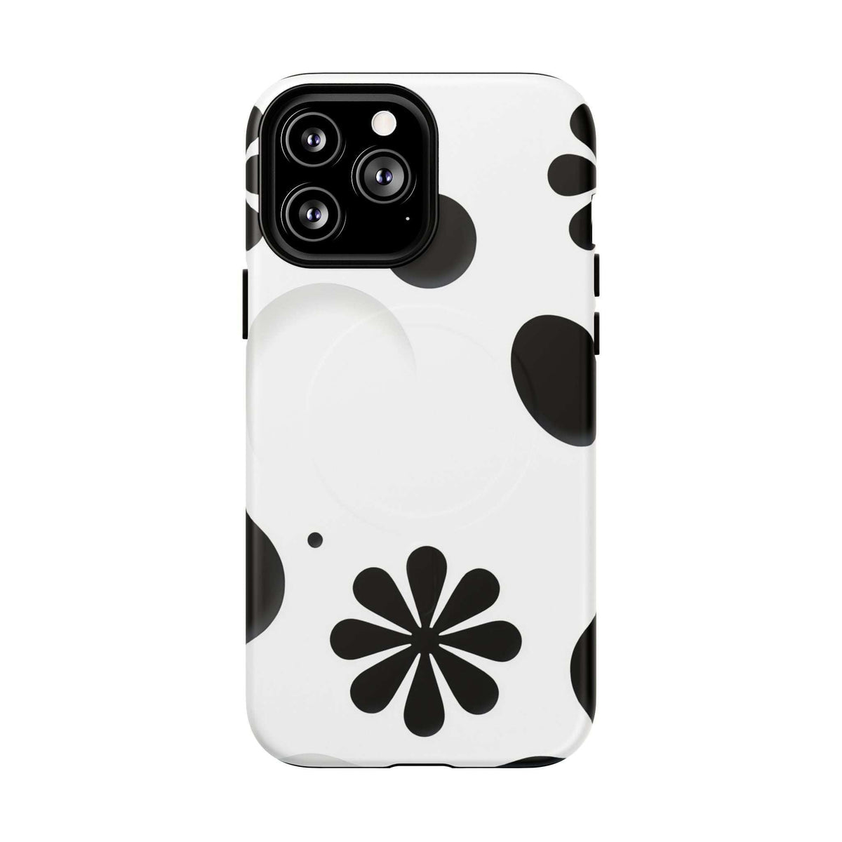 White phone case with black flower motif, triple-lens camera cutout, magnetic side grips