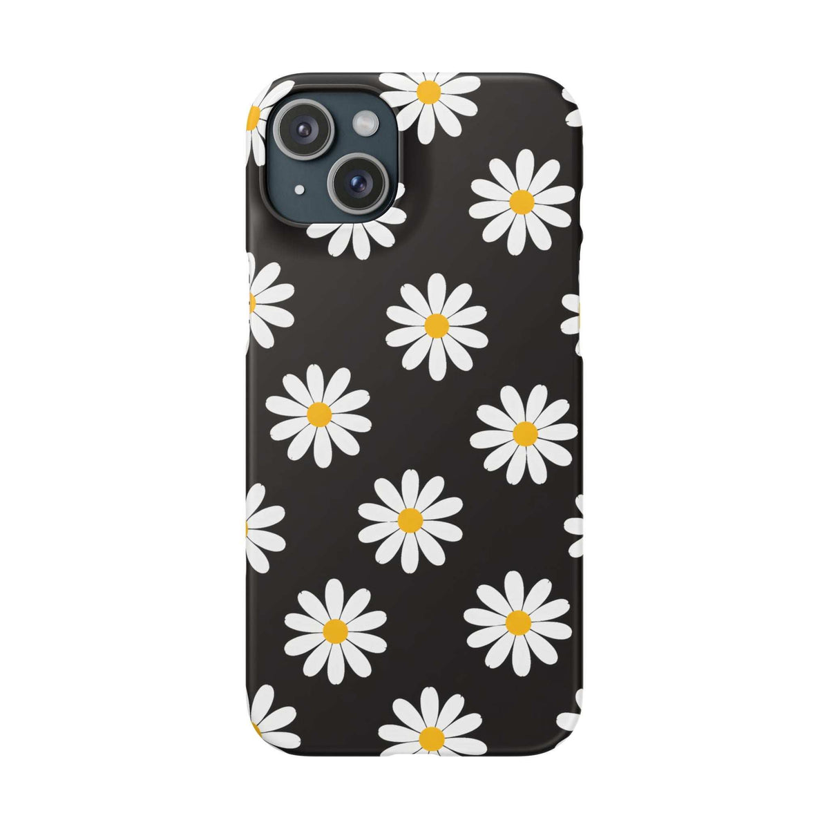 Daisy charm phone case with dark background and white daisy pattern with yellow centers