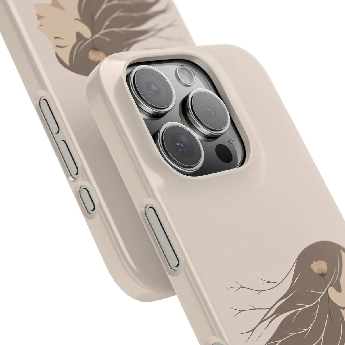 Cream phone case with floral woman line art, raised camera cutout and side buttons