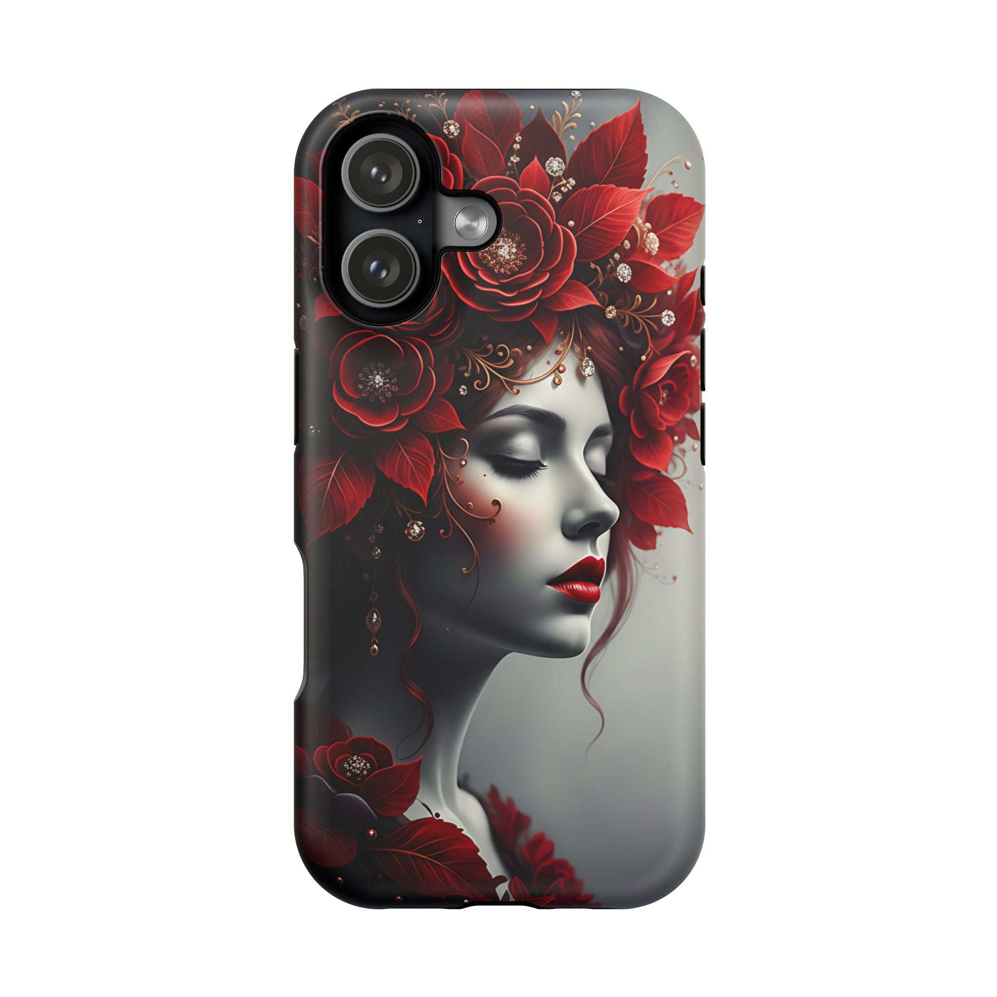 Portrait phone case with red flower accents and a woman profile graphic; rounded edges.