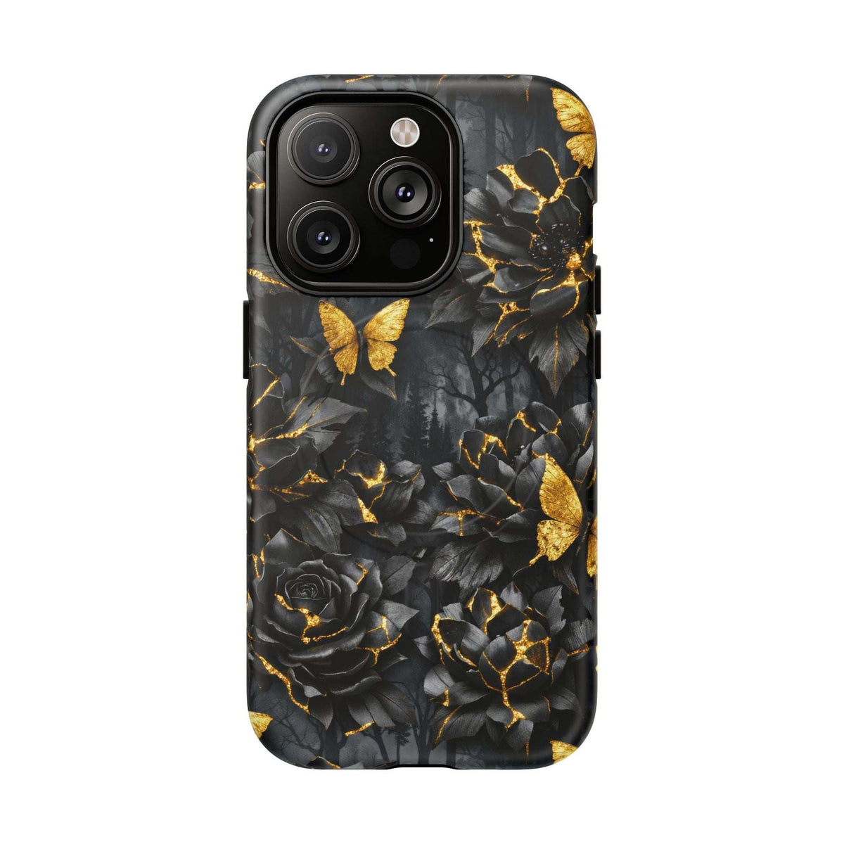 Phone case showing dark garden florals with gold kintsugi lines, butterfly accents