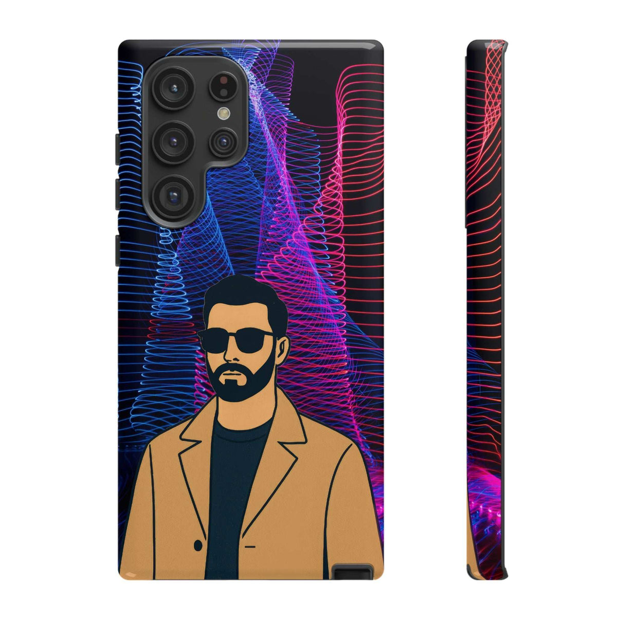 Glossy phone case with bearded man graphic; neon blue and pink wave pattern