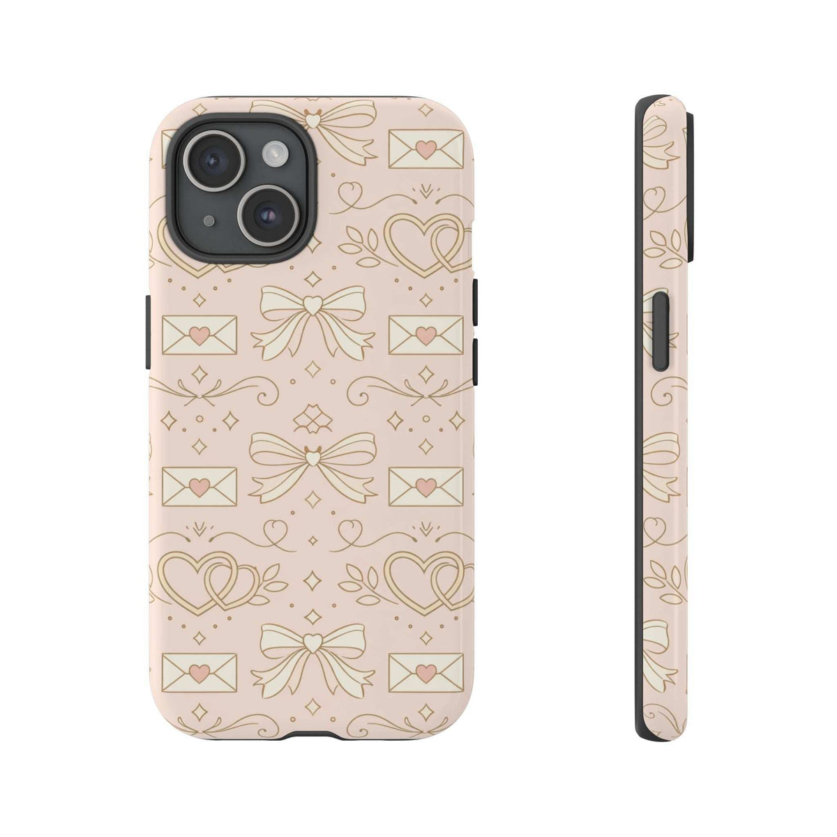 Tough phone case with pink heart, envelope, and bow pattern; side buttons visible